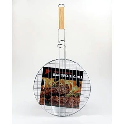 Image of Round Barbecue Grill Basket Turner with Wooden Handle 30cm