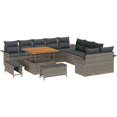 Image of vidaXL 13 Piece Garden Sofa Set with Cushions Grey Poly Rattan Acacia