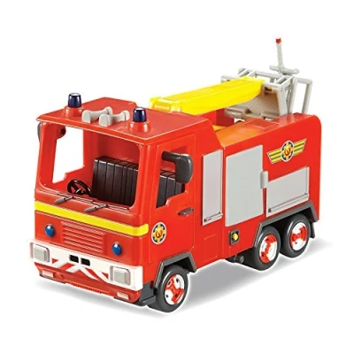 Image of Jfireman Sam Jupiter the Fire Engine. Open door and unwind hose ready for action. Raise crane arm with rescue platform to save day
