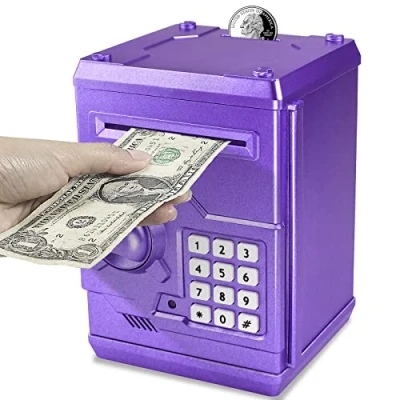 Image of HUSAN Electronic Money Bank, Password Piggy Bank Mini ATM Cash Coin Box for Kids Birthday Toy Children (Purple)