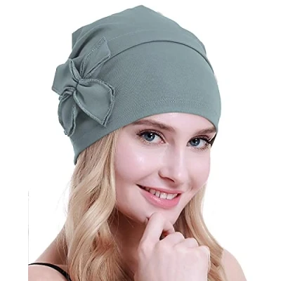 Image of osvyo Cotton Chemo Turbans Headwear Beanie Hat Cap for Women Cancer Patient Hairloss Light Blue Grey