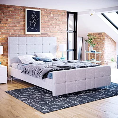Image of Vida Designs Valentina Double Bed, 4 ft 6 Bed Frame Upholstered Fabric Headboard Bedroom Furniture, Light Grey Velvet