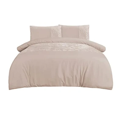 Image of Sleepdown Velvet Cuff Champagne Panel Band Luxury Soft Cosy Duvet Cover Quilt Bedding Set with Pillowcases Double (200cm x 200cm)