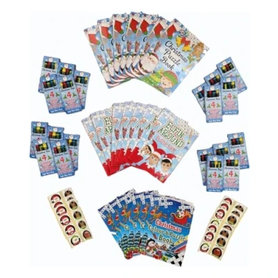 Image of Anila&#039;s Assortment of 20 Christmas Activity Books with colouring &amp; Puzzles, Sheets Stickers Either Crayons or Pencils. (Books Crayons)