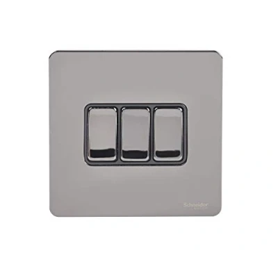 Image of Schneider Electric Ultimate Screwless Flat Plate 3 Gang Rocker 2 Way Light Switch, Single Pole, 16AX, GU1432BBN, Black Nickel with Insert