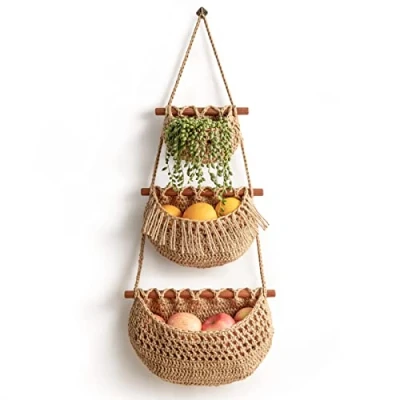 Image of Hanging Fruit Basket ,3 Tier Over the Door Organizer, Handmade Woven Jute Wall baskets for Organizing, BOHO Decor, Storage kitchen , Living &amp; Bathroom Bedroom