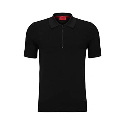 Image of HUGO Mens Sayfong 1 Mixed Structure Slim fit Polo Sweater with Zipped Placket Black