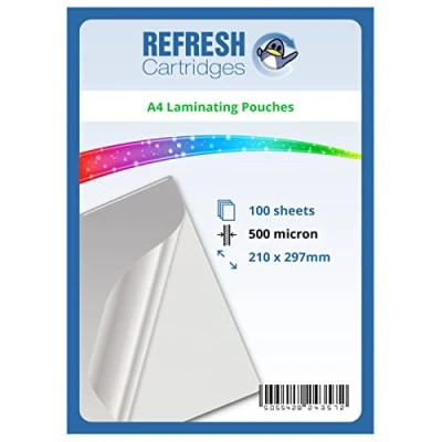 Image of Refresh Cartridges Glossy Laminating Pouches A4 500 Micron Pack of 100 Sheets