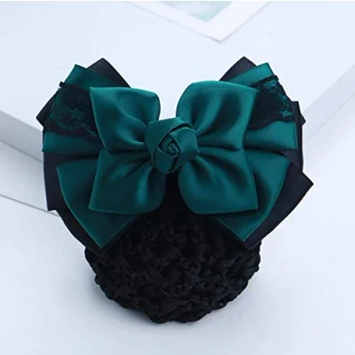 Image of Women Hair Bun Cover Net Snood Hairnet Bowknot Decor Satin Bow Barrette French Clip Ribbon Flower Accessories For Banks Hotels Restaurant Staff (Green)