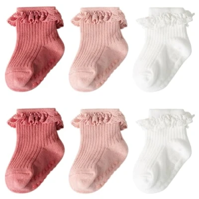 Image of DRESHOW Infant Ruffle Lace Socks Non slip Plain Frilly Baby Newborn Toddlers Girls Ankle Dress