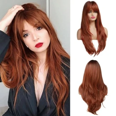 Image of OUFEI Long Straight Auburn Layered Natural Synthetic Hair Wigs for Women with Dark Roots Daily Party Use 24 Inches