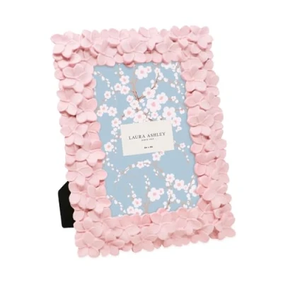 Image of Laura Ashley 4x6 Pink Flower Textured Hand Crafted Resin Picture Frame with Easel &amp; Hook for Tabletop Wall Display, Decorative Floral Design Home Décor, Photo Gallery, Art, More (4x6, Pink)