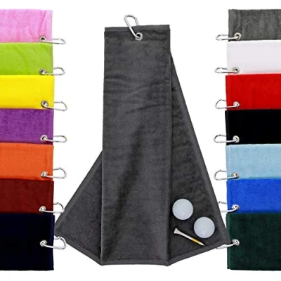 Image of aztex Tri Fold Golf Towel with Carabiner Clip, Cotton Velour, 590gsm, Anthracite
