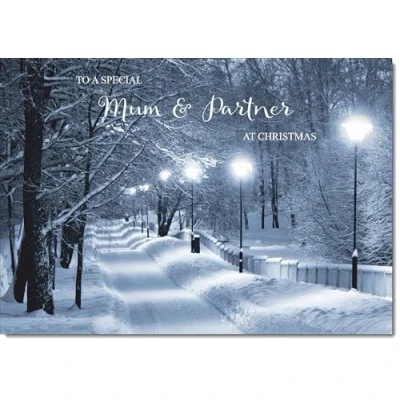 Image of doodlecards Mum and Partner Christmas Card Snowy Street Scene Medium Size for &amp; with Plain Envelope