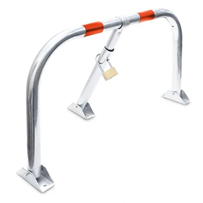 Image of Relaxdays 10017409 Folding Parking Barrier, with 3 Keys, 76 x 32 45 cm, Red Warning Stripes, Silver
