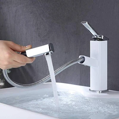 Image of KAIYING Bathroom Sink Faucet with Pull Out Sprayer, Single Handle Basin Mixer Tap for Hot and Cold Water, Down Rotating Spout (Regular, Chrome &amp; White)