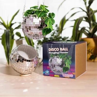 Image of Bubblegum Stuff Silver Disco Ball Hanging Planter Basket For Indoor Plants, Chain, Herb Planter, Plant, Boho Decor Plant Pots Room 6 inch