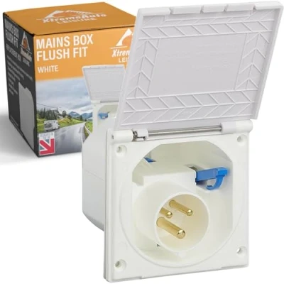 Image of Xtremeauto 240V Mains Flush Fit Socket Box Caravan 16 Amp Socket, 16amp Campervan Inlet Hookup Cable Plug, To Most Caravans &amp; Campervans External 16a Sockets (White)