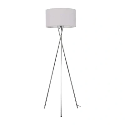 Image of Modern Polished Chrome Metal Tripod Floor Lamp with a Pale Grey Cylinder Shade