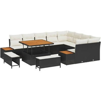 Image of vidaXL 12 Piece Garden Sofa Set with Cushions Black Poly Rattan Acacia