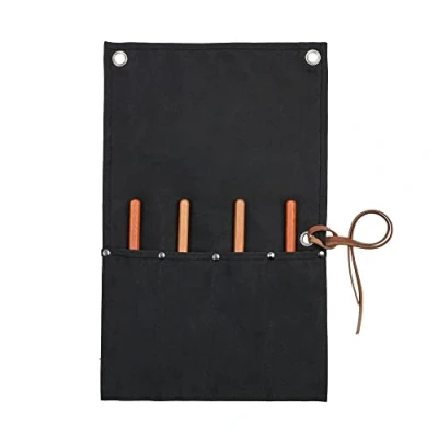 Image of Xingte Heavy Duty Waxed Canvas Chisel Roll Bag, Multi function Tool Bag with 4 Pockets, Leather Rope, Black