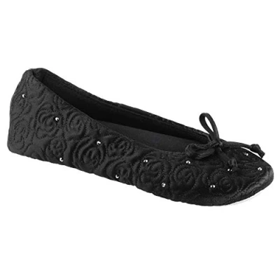 Image of isotoner Women&#039;s Ballerina Slippers with Terry Lined and Rose Quilt Ballet Flat, Black, 3/4 UK
