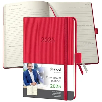 Image of SIGEL C2565 Conceptum Weekly Planner 2025, Approx. A6, red, hardcover, 2 Pages = 1 Week, 176