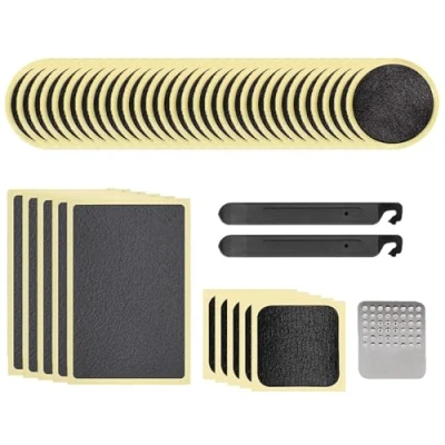 Image of Self Adhesive Bicycle Tire Repair Kit (40 Pieces) Glueless Bike Tube Patches in Round, Square, and Rectangle Shape Includes 2 Levers, 1 Metal Rasp by Mobi Lock