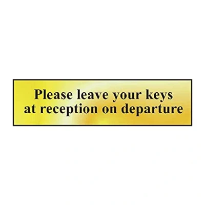 Image of Please Leave Your Keys At Reception On Departure Sign Self Adhesive PVC Polished Gold Effect 200mm x 50mm