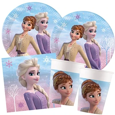 Image of Procos 10209575 Anna, Elsa S Frozen 2 Wind Spirit Set, 52 Pieces, Plates, 16 Cups, 20 Napkins, Disposable, Party Tableware, Table Decoration, Multicoloured, 33 x cm (EU)