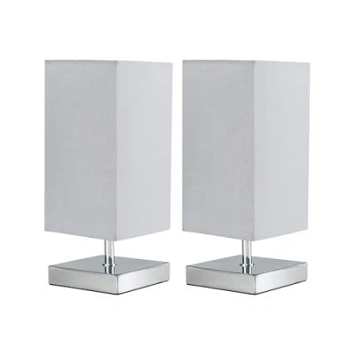 Image of Pair of Modern Square Polished Chrome Touch Table Lamps with a Grey Shade