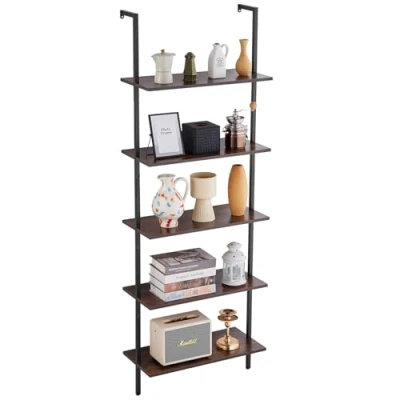 Image of VEVOR Ladder Shelf, 5 Tier Bookshelf 24x11.8in, Open Wall Mounted Shelf with Metal Frame,Storage Rack Sundries Holder for Kitchen Bedroom Bathroom Living Room, Black