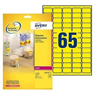 Image of Avery L7651Y 25 Printable, Customisable Removable Neon Yellow Labels, 65 Labels Per A4 Sheet, 21,2 x 38,1 mm