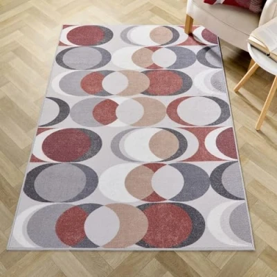 Image of Fusion Orange Retro Rug (180 x 120cm) Low Pile (Hypoallergenic) Machine Washable Non Slip in with Geometric Shapes for Living Room &amp; Bedroom Decor