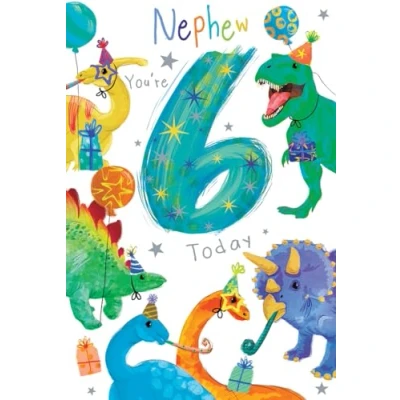 Image of Nephew 6th Birthday Card Age 6 Dinosaurs 9&quot; x 6&quot; Lovely Verse