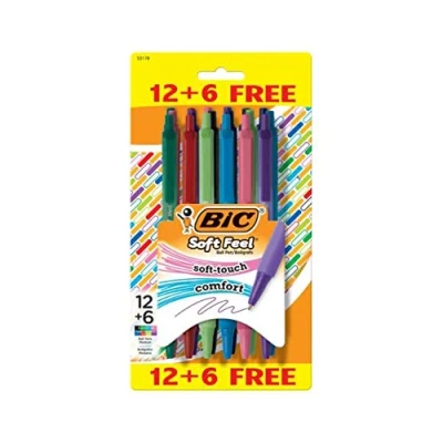 Image of BIC Soft Feel Retractable Ballpoint Pens, Touch Comfort Grip, Medium Point, 1.0mm, 8 Assorted Colors, 12+6 Pack