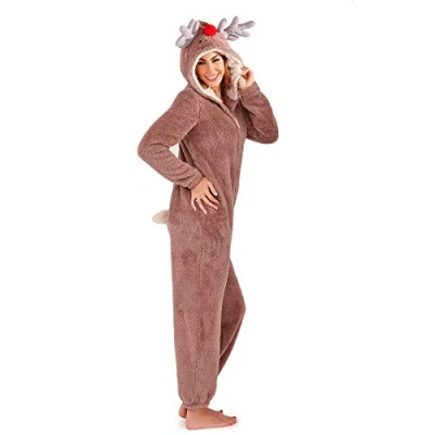 Image of Evotex Trading Ladies/Girls Fleece Reindeer All in One Loungewear Onesie Pyjamas Outfit Costume Size XL