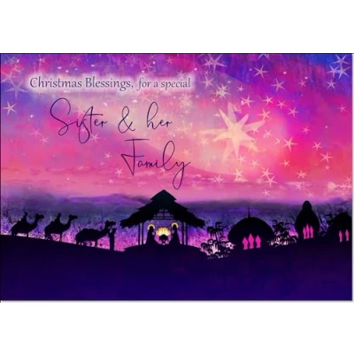 Image of doodlecards Sister and Family Christmas Card Nativity Scene Evening Watercolour Medium Size for &amp; with Plain Envelope