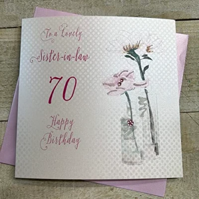Image of white cotton cards &quot;Dandelion, Happy Birthday to a Lovely Sister in Law 70&quot; Handmade 70th Card, White, bd57 70
