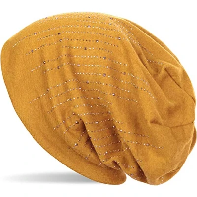 Image of styleBREAKER Beanie hat with Rhinestone Rivets in Classic Stripe Design, Slouchy Long Beanie, Unisex 04024086, Colour:Curry