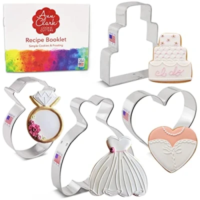 Image of Wedding Cookie Cutters 4 Pc. Set Made in USA by Ann Clark, Dress, Cake, Diamond Ring, Heart