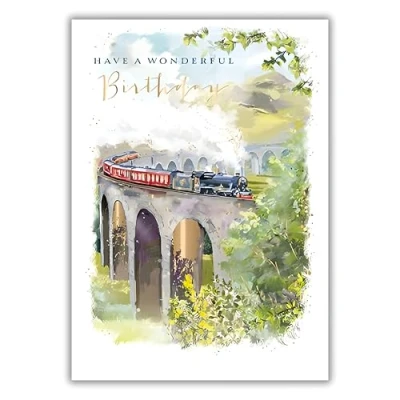 Image of Ling Design Male Birthday Card Happy with Steam Train and Viaduct Countryside a Foil Finish for Men