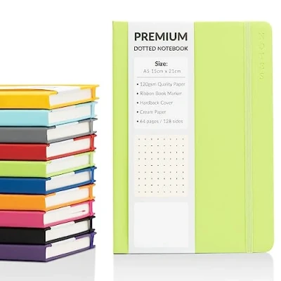 Image of Bullet Journal A5 Dotted Notebook with Faux Leather Hardback Cover and Premium 120gsm Thick Dot Grid Paper (128 Cream Pages, Lime)