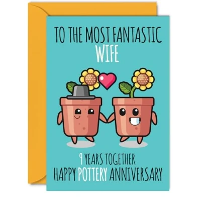 Image of Cute Pottery Anniversary Card for Wife 9 Years Together Happy 9th Wedding Cards from Husband, A5 Greeting Ninth Anniversaries