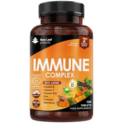 Image of Vitamin D Tablets Immune Booster Complex Enriched with System Vitamins C, D, B12, Zinc, Turmeric &amp; Elderberry Support Made in The UK Immunity by New Leaf 120