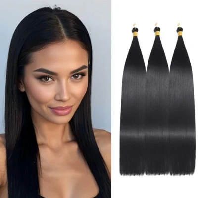 Image of Locescsoc 24 Inch Straight Hair Extensions 150g 3 Packs Bone Braiding Hair, Black Ariel Ponytail Bundles, Ombre Soft Synthetic Crochet Box Braids for Women(1B)