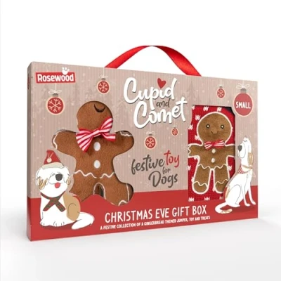 Image of Cupid &amp; Comet Gingerbread Christmas Dog Gift Pack with Jumper, Toy Treats (Med 50cm)