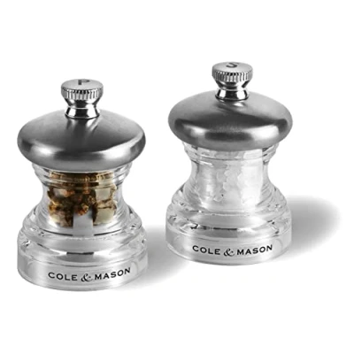 Image of Button Salt &amp; Pepper Mill Set 65mm / Brushed Metal 180mm