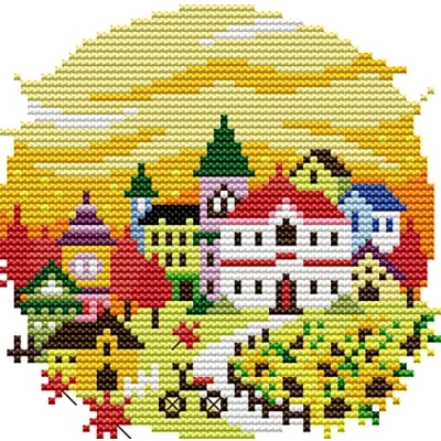 Image of Awesocrafts Cross Stitch Stamped Kits Autumn Village Easy Patterns Stitching Embroidery Needlework Kit Supplies (Autumn)
