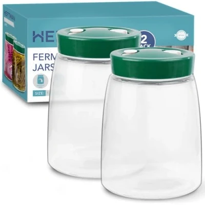 Image of HEFTMAN Fermenting Jar with 1 Way Air Release Vent 1.4 Litres, 2 Pack Ideal for Safe Fermentation Kefir, Kimchi, Sauerkraut, Sourdough Starter, Overnight Oats Jars x (Green)